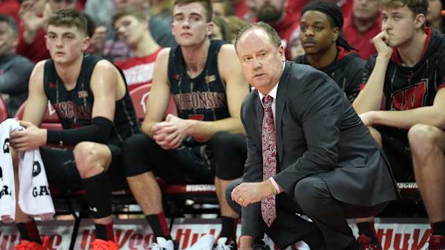 Feb 5, 2023; Madison, Wisconsin, USA; Wisconsin Badgers head coach Greg Gard looks on during the first half against the Northwestern Wildcats at the Kohl Center. Mandatory Credit: Kayla Wolf-USA TODAY Sports